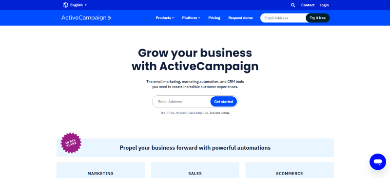 ActiveCampaign’s homepage with email marketing, marketing automation, and CRM tools