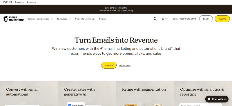 Mailchimp’s homepage with email marketing and automation tools