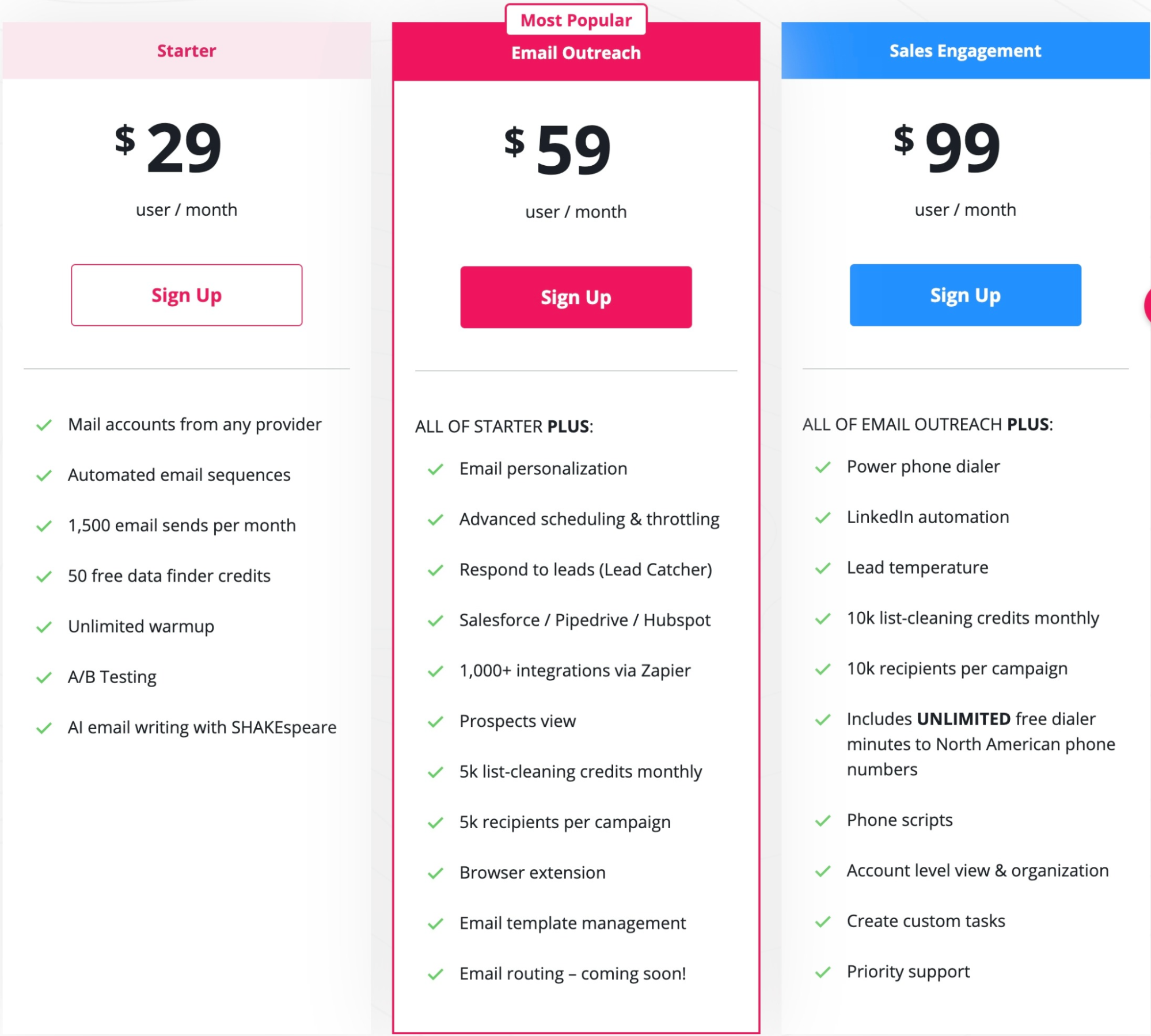 Mailshake price plans page.