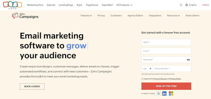 Zoho Campaigns main page